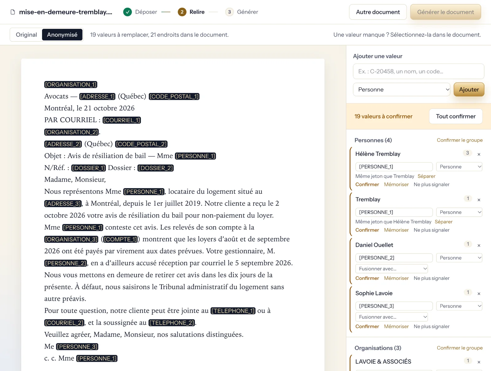 La même lettre en vue « Anonymisé » : chaque valeur est remplacée par un jeton comme [PERSONNE_1], [ADRESSE_3] ou [DOSSIER_2].