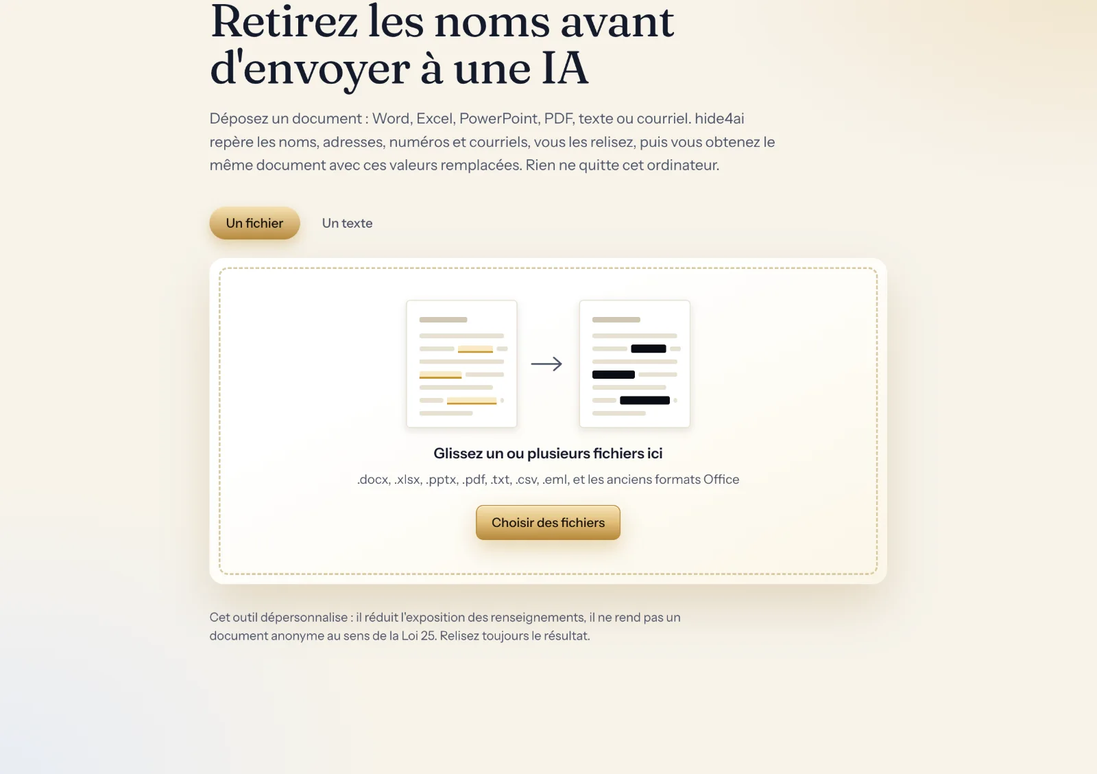 L’écran d’accueil de hide4ai : « Retirez les noms avant d’envoyer à une IA », avec la zone où déposer un ou plusieurs fichiers.