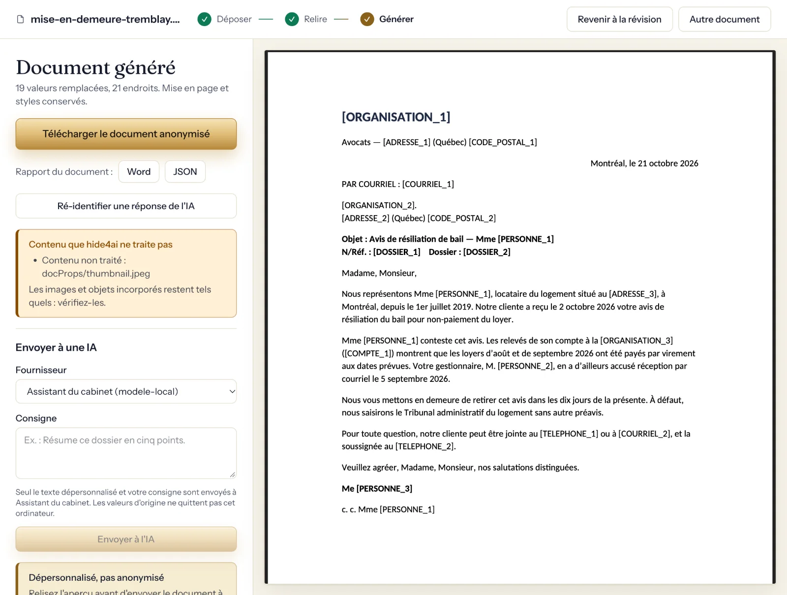 Le document généré : 19 valeurs remplacées à 21 endroits, mise en page conservée, prêt à télécharger en Word.