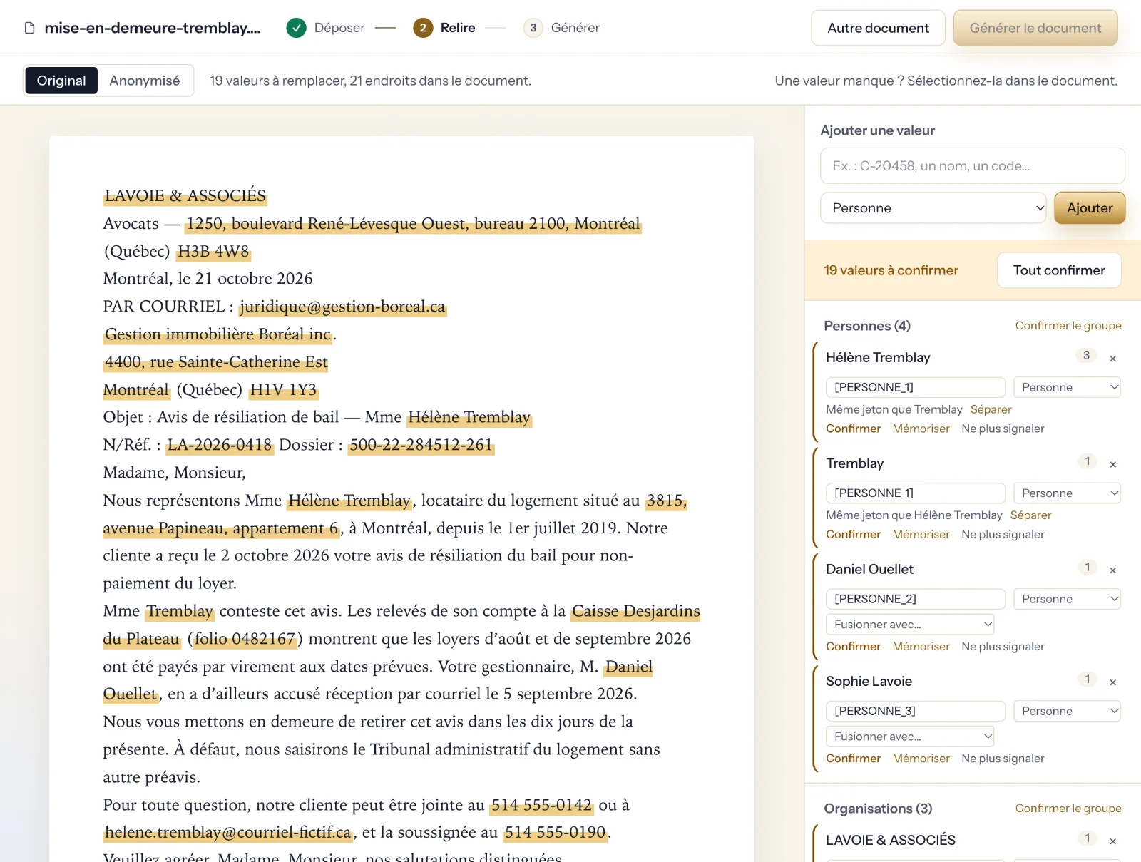 L’écran de relecture : une mise en demeure dont chaque nom, adresse, numéro de dossier et courriel est surligné, et à droite les 19 valeurs à confirmer.